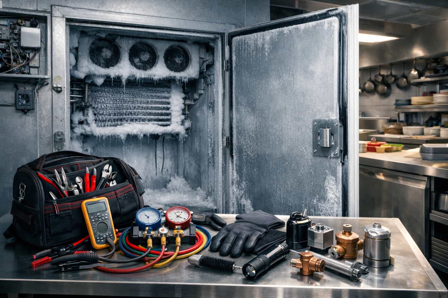 Open commercial reach-in freezer in a Seattle restaurant kitchen with bright interior lighting, technician tool bag, manifold gauges, digital multimeter, replacement refrigeration parts, and exposed service panel Commercial freezer repair in Seattle with open reach-in freezer and diagnostic tools