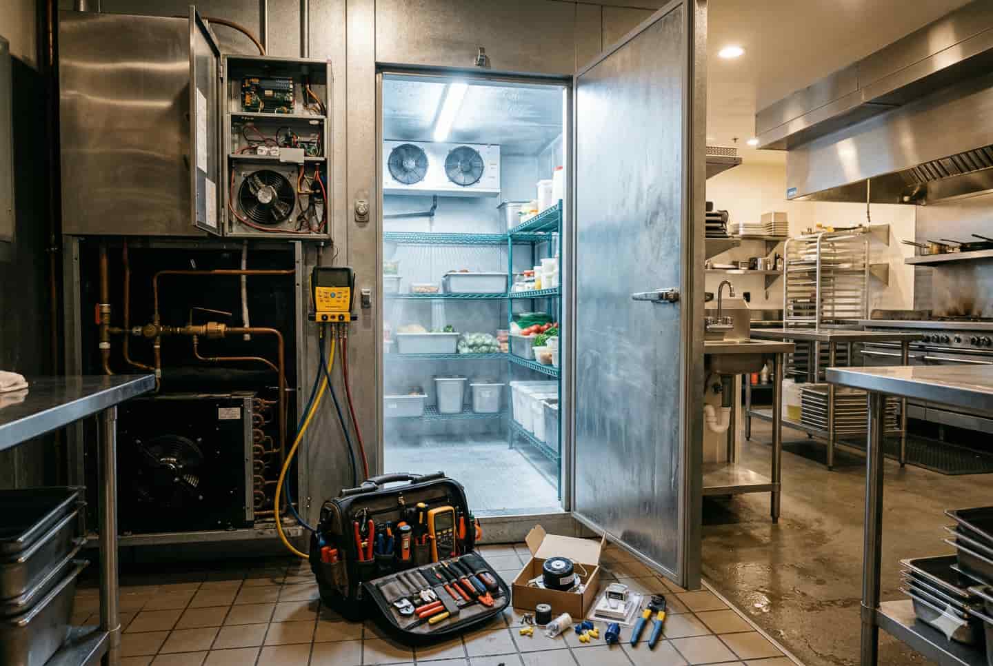 Open walk-in cooler in a Seattle commercial kitchen with diagnostic tools and refrigeration components Commercial refrigeration repair in Seattle with open walk-in cooler