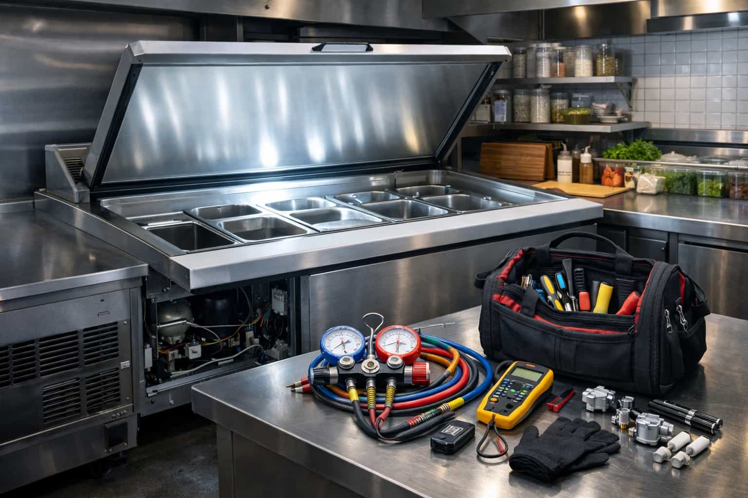 Open prep table refrigerator in a Seattle commercial kitchen with diagnostic tools, manifold gauges, replacement parts, and exposed service panel Commercial prep table refrigerator repair in Seattle with open refrigeration unit