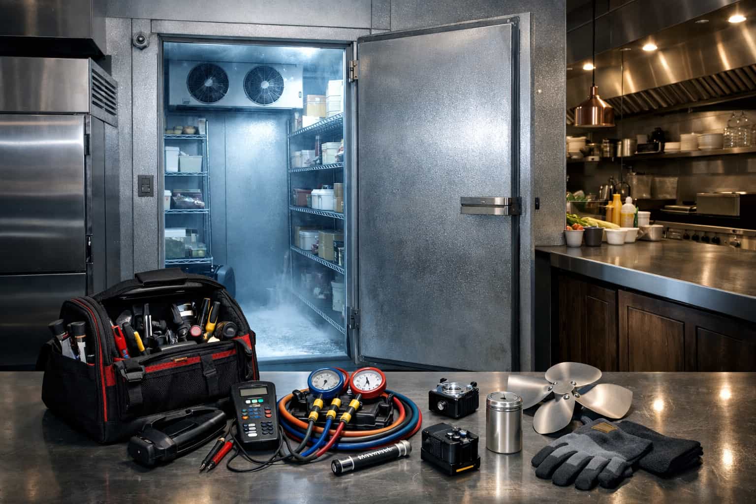 Technician inspecting evaporator components inside a walk-in freezer