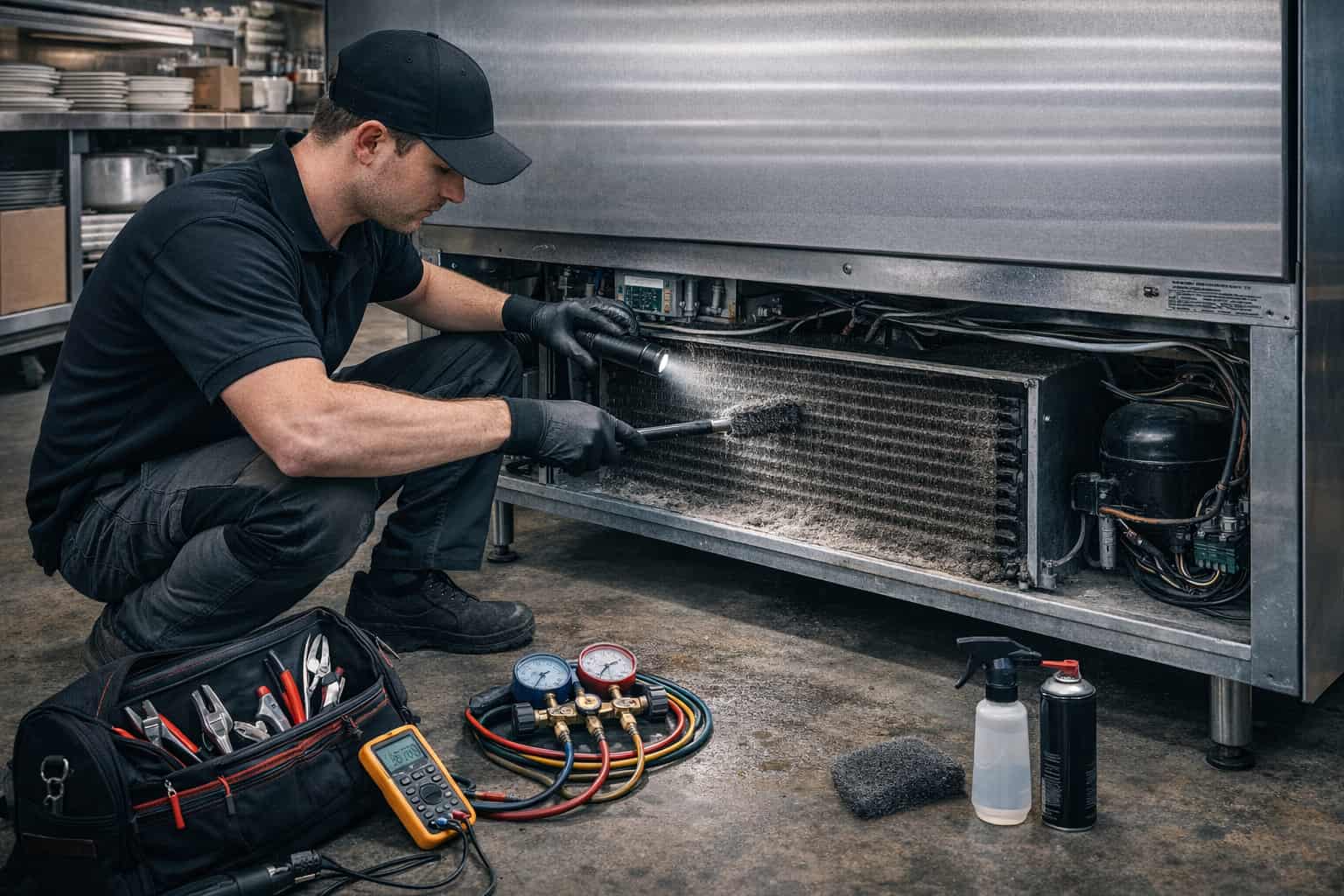 Technician cleaning condenser coils on a commercial refrigeration unit